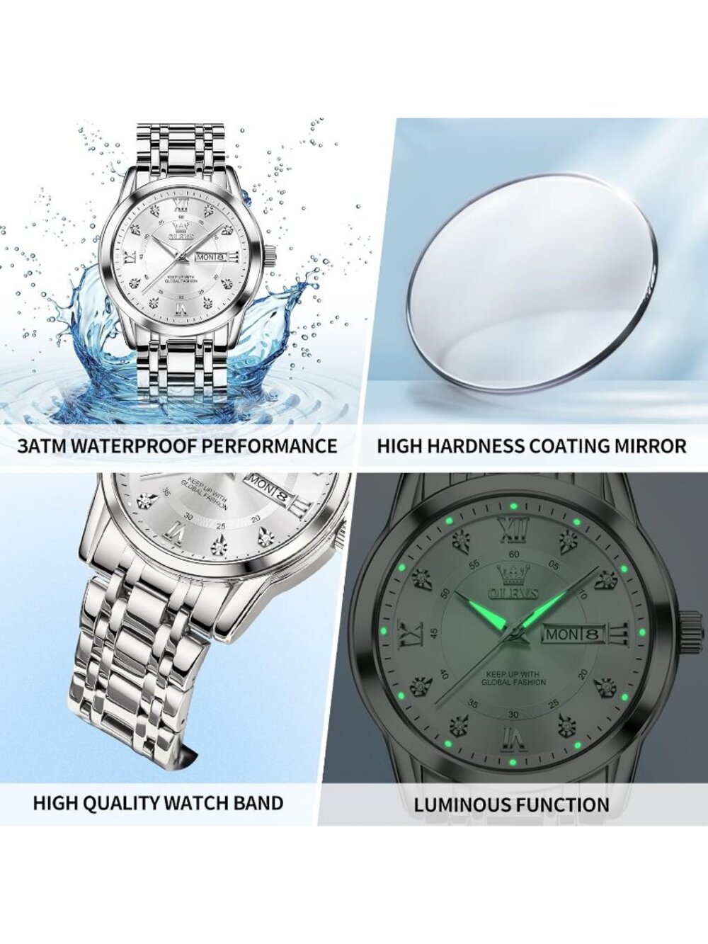 Mens Silver White Stainless Steel Waterproof Roman Numbers Diamond Classic Watch - Picture 4 of 5